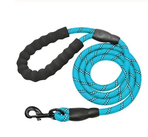 Reflective nylon dog leash, blue braided rope with black foam-grip handle and metal clip.