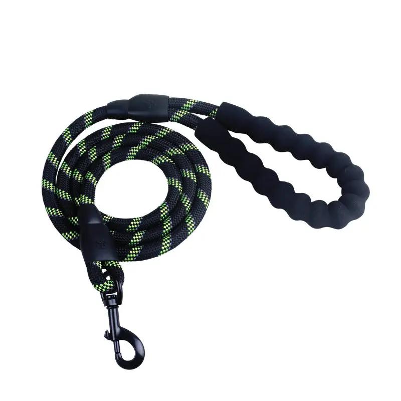 AdTec reflective nylon dog leash with neon green stripe, textured grip handle, metal clip