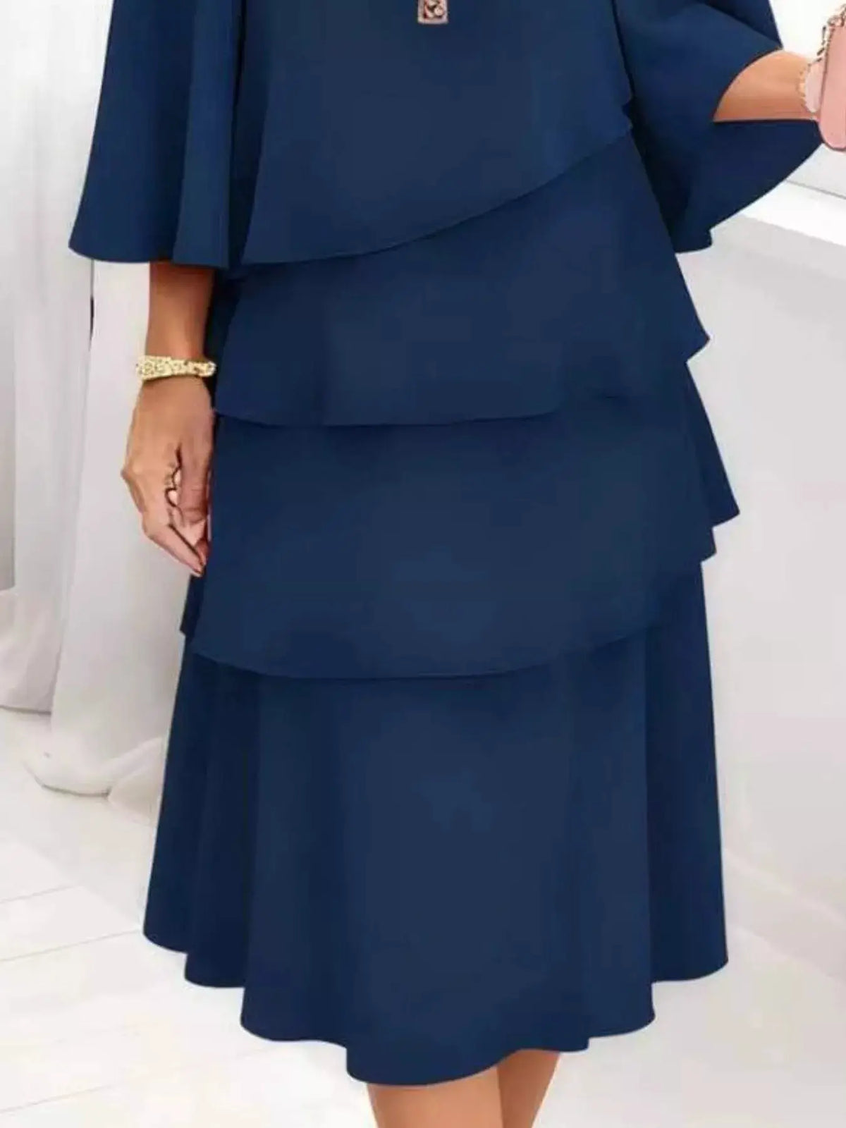 Trendsi plus-size navy blue dress with layered ruffles and 3/4 sleeves