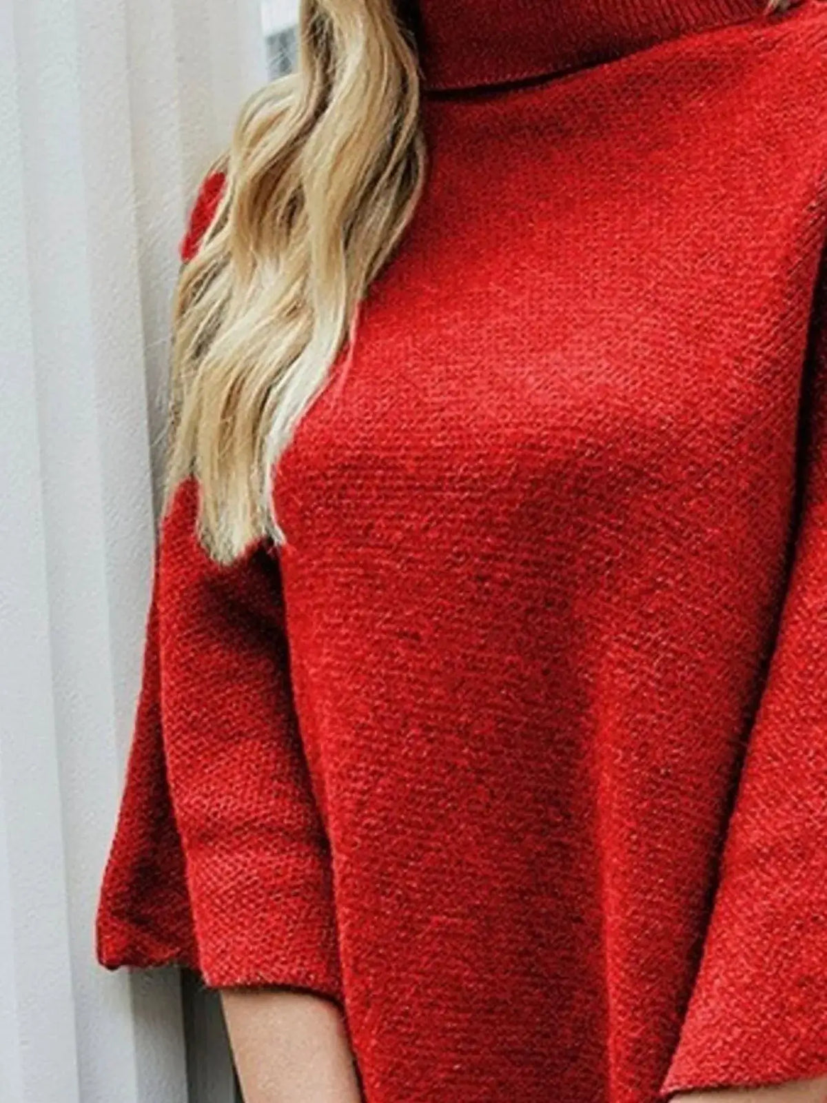 Button Turtleneck Poncho Pullover in red textured knit by Trendsi.