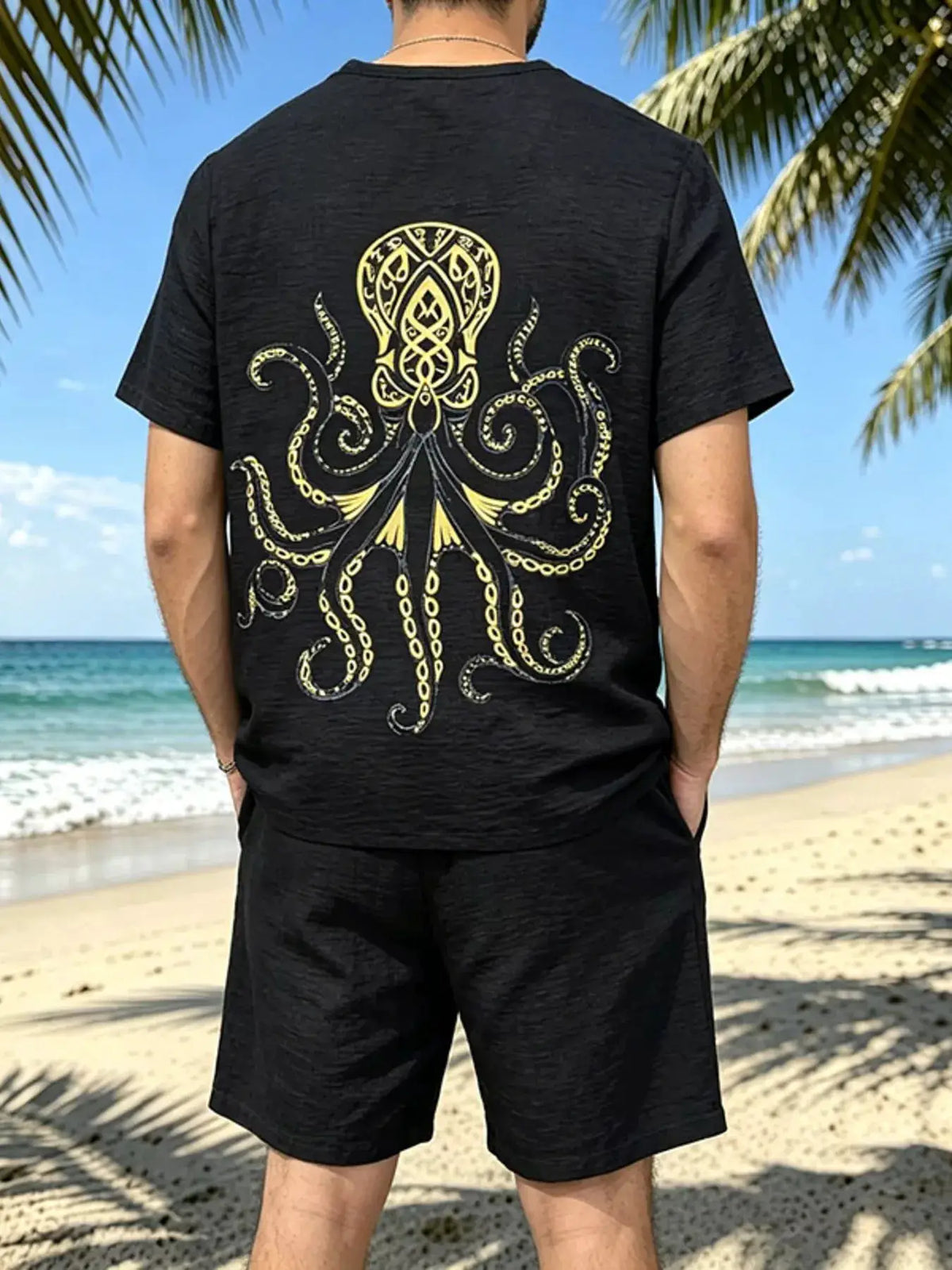 Mens black two-piece loungewear set: tee and drawstring shorts with gold octopus tentacle back graphic