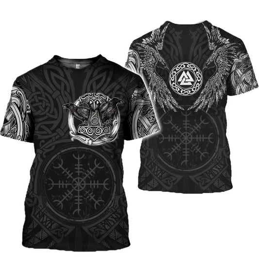 3D digital printing short sleeve unisex T-shirt in black with silver Viking raven motif, AdTec, 2 shirts shown