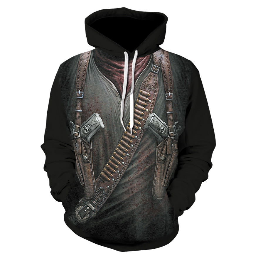 3D skull print hoodie, black with gun-belt graphic.