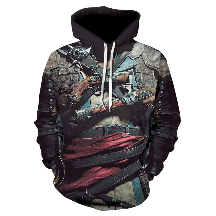 3D digital print skull hoodie with gun graphic; dark multicolor design