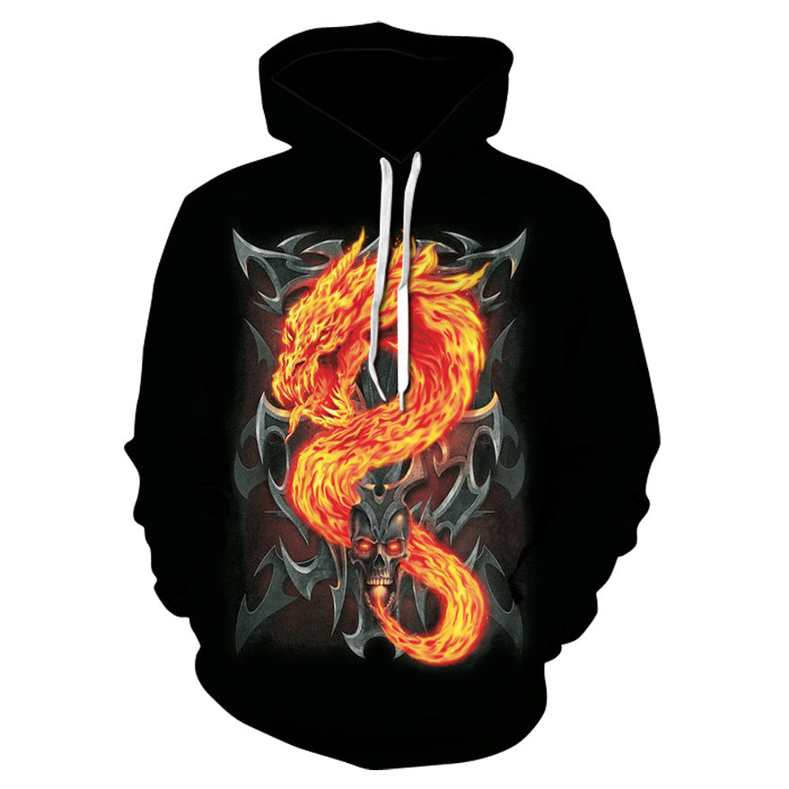 3D Digital Print Skull Hoodie by AdTec in black with fiery flame design