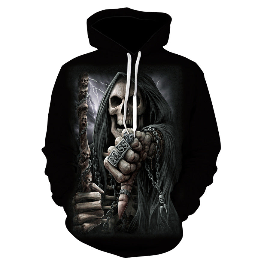 Black 3D skull hoodie with a detailed skeleton print gripping a chained staff.