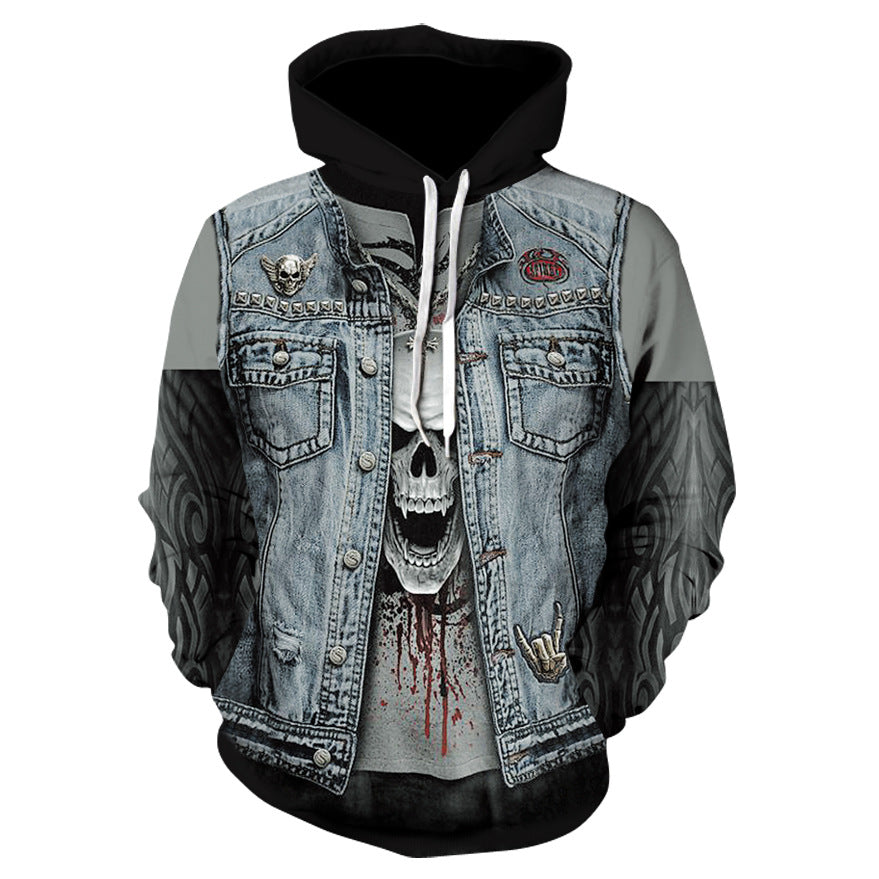 3D Digital Print Skull Hoodie Jacket by AdTec, denim-look front with skull graphic and black hood