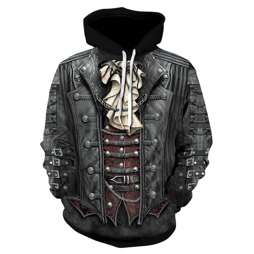 3D Digital Print Skull Jacket With Hood, black/gray gothic graphic with metal studs and lacing