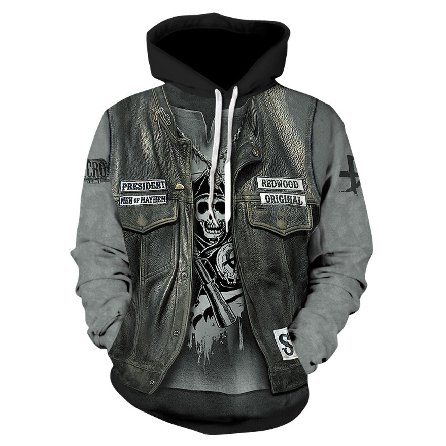 AdTec 3D skull print hoodie jacket with faux leather vest, patches and gray sleeves