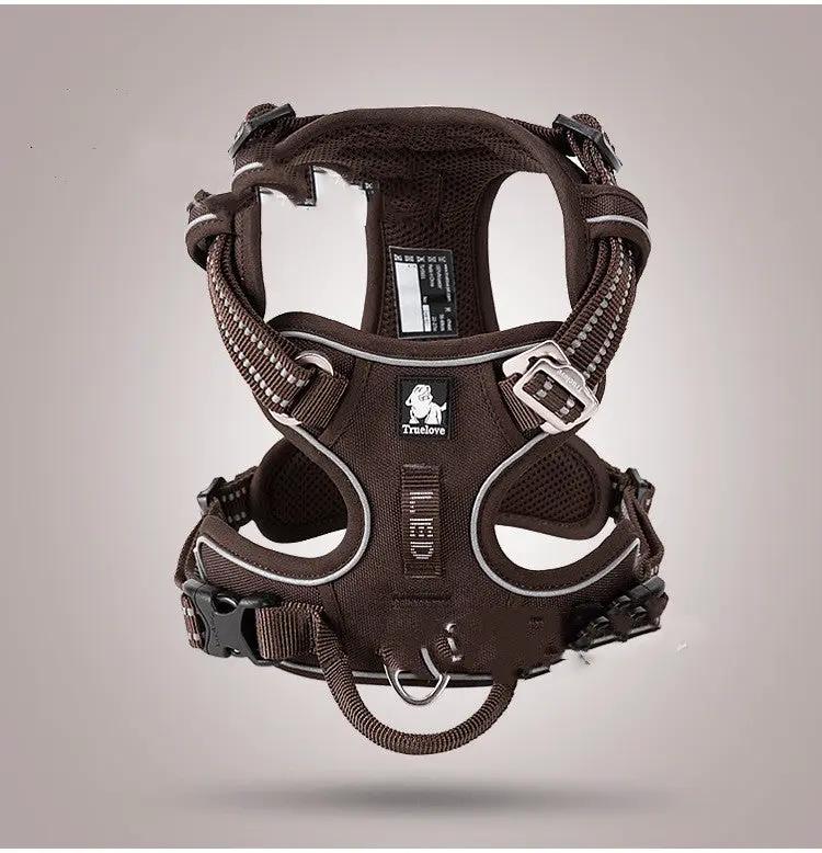 Dog vest-style harness in black by AdTec Truelove with reflective trim and metal buckles