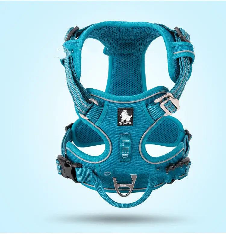 Vest-style blue dog harness with breathable mesh, adjustable buckles and D-ring, TrueLove logo.