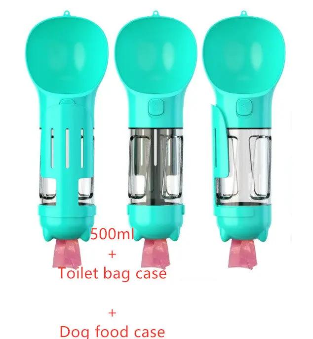 3-pack turquoise pet water bottles with 3-in-1 feeder, garbage bag storage and food case (500ml)