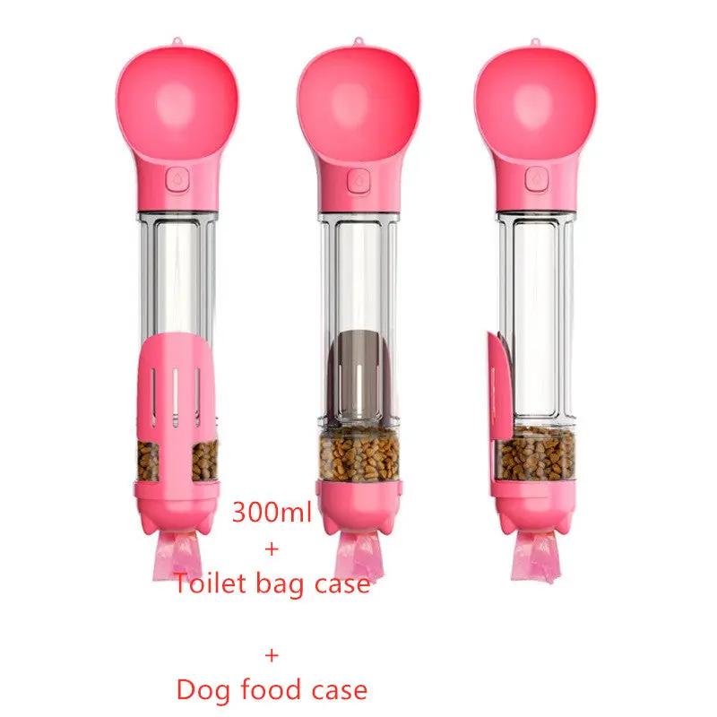 Pink 3-in-1 pet water bottle with feeder and garbage bag storage, AdTec, 300ml, set of 3