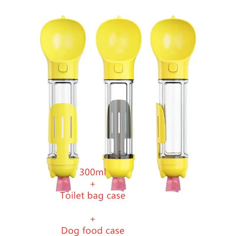 AdTec 3-in-1 pet water bottle feeder in yellow, 300ml, with bag storage and dog food case
