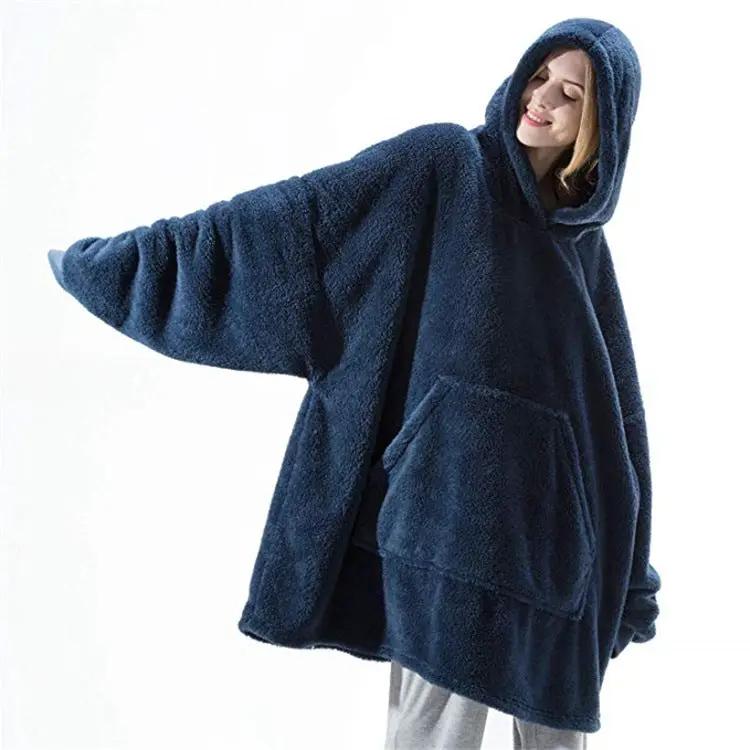 AdTec navy blue oversized fleece hoodie wearable blanket with hood and large front pocket