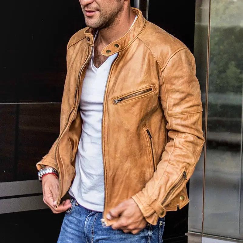 Men's punk biker leather jacket, tan brown with stand-up collar and front zip placket.