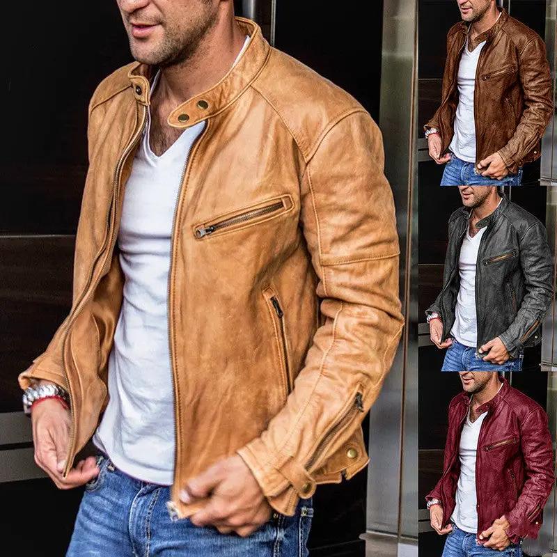Mens punk biker leather jacket with stand-up collar and zip placket in tan; five color options by AdTec