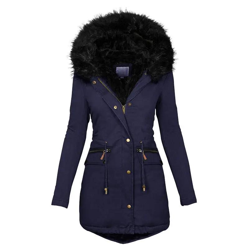 Women's AdTec navy mid-length parka coat with faux fur hood, drawstring waist and zip pockets