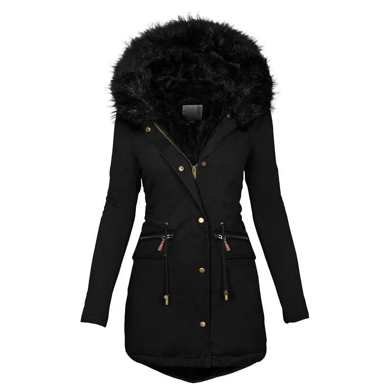 Women's black plush-hood parka with thick fur hood, mid-length coat, zip front, waist drawstrings and pockets.