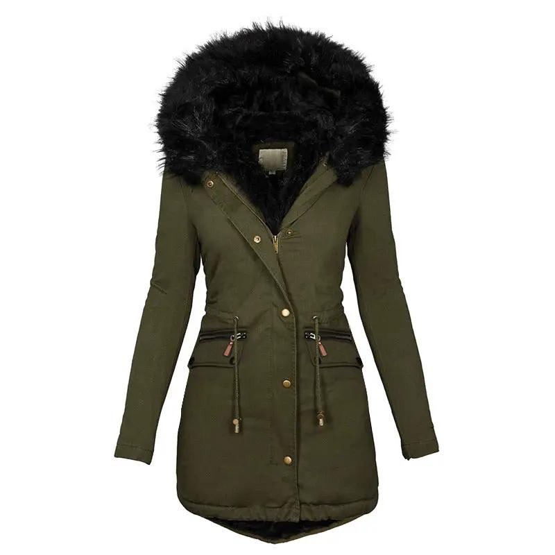 Women's plush hooded parka in olive green with black faux fur trim, mid-length, zip-front with buckle pockets