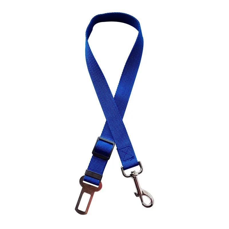 Adjustable blue pet car seat belt with metal clip for vehicle safety