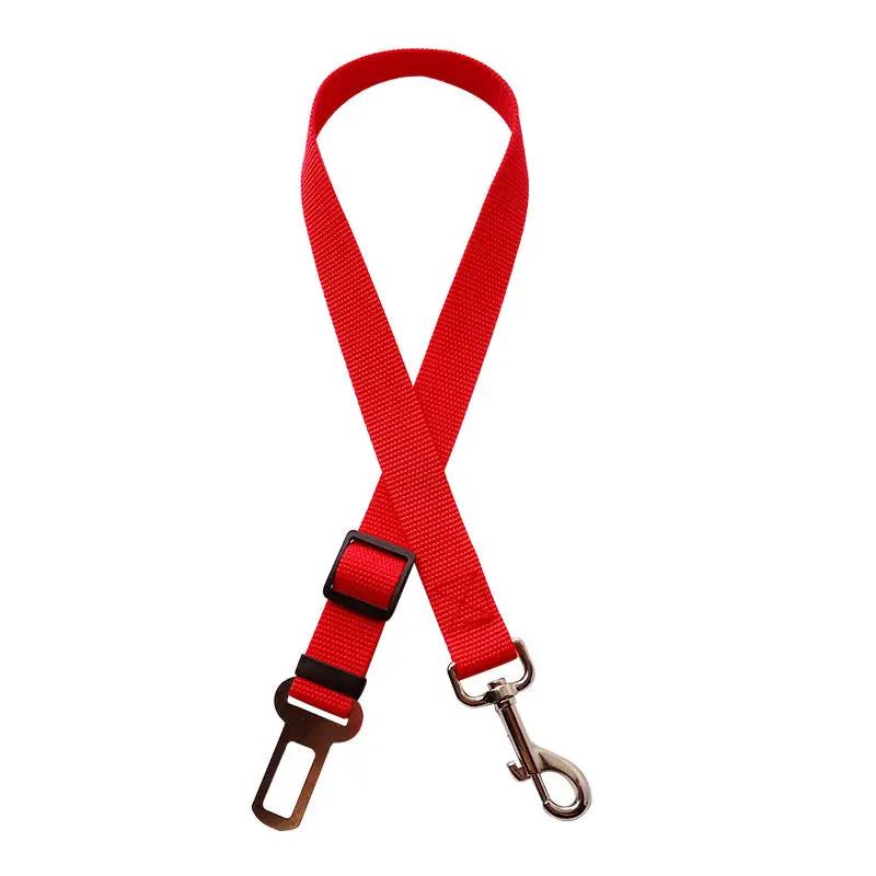 Pet car seat belt tether by AdTec, red nylon with metal clip and plastic buckle.