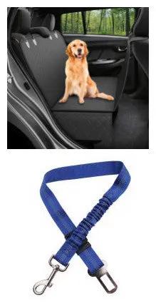 Dog car seat cover hammock two-piece set; black rear-seat protector with mesh and blue strap