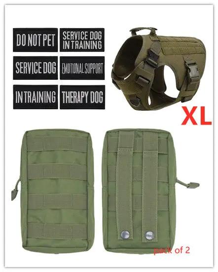 Military tactical dog harness by AdTec, adjustable olive green XL with two pouches