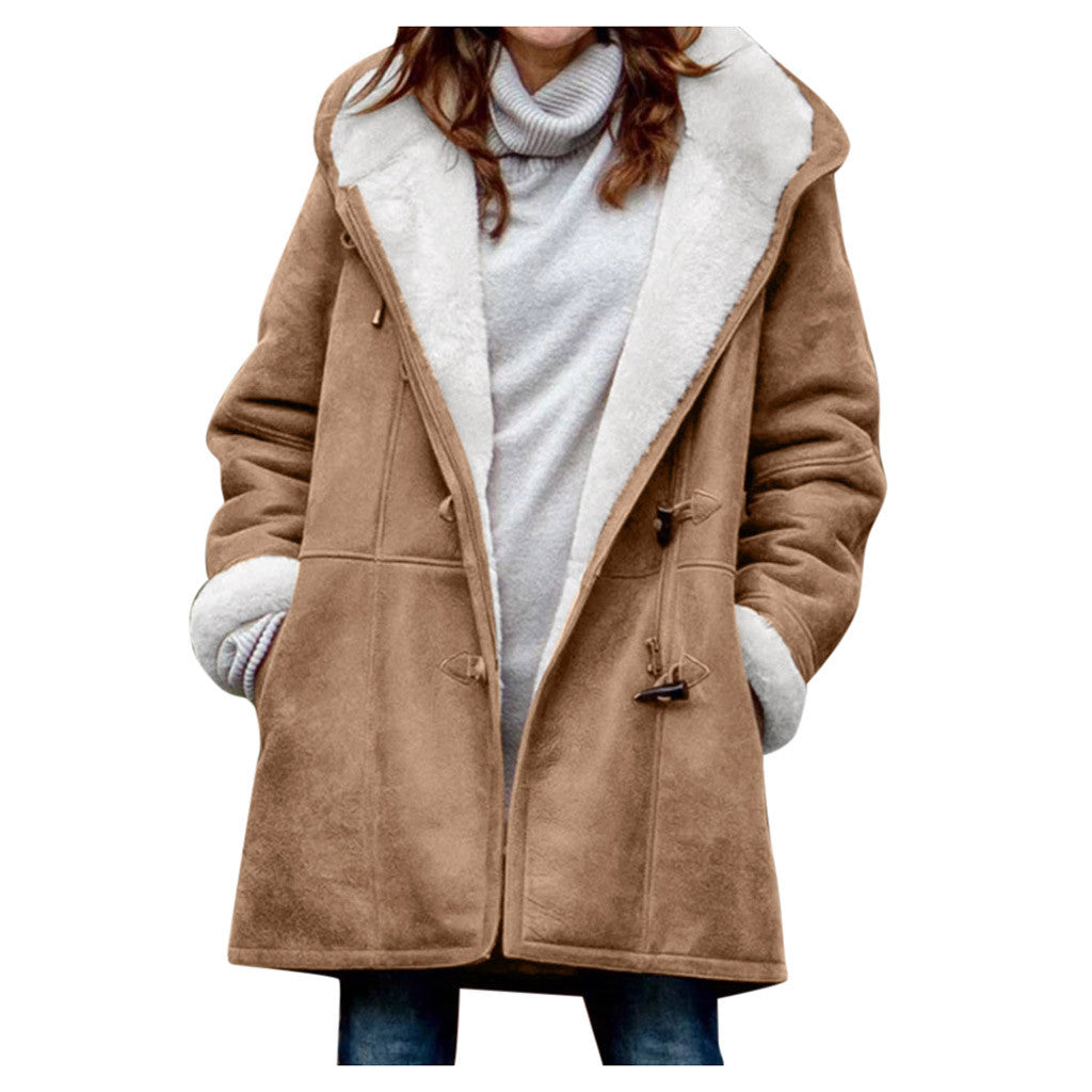 Women's Vintage Winter Coat, tan with white lining and toggle closures