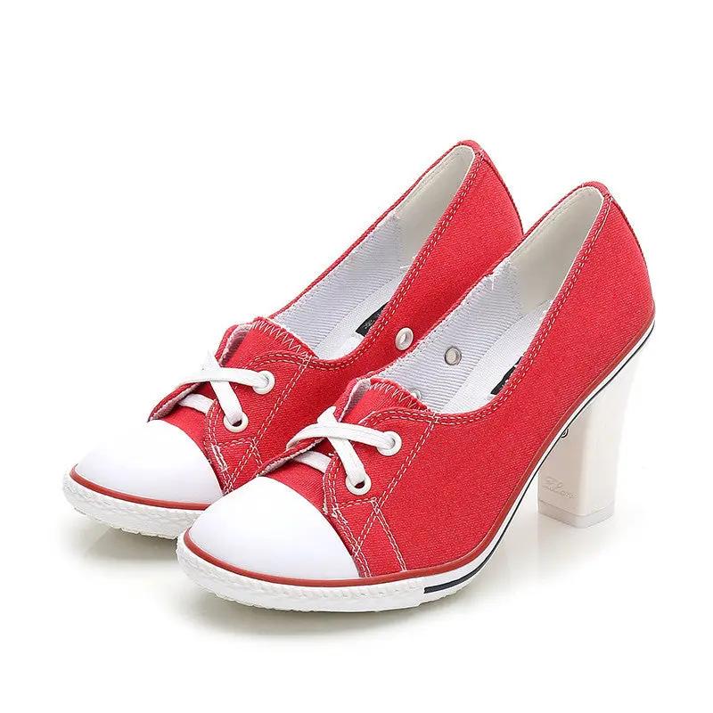 SeoulLift Korean Canvas High-Sole Sneakers for Women by AdTec; red canvas with white toe caps and laces