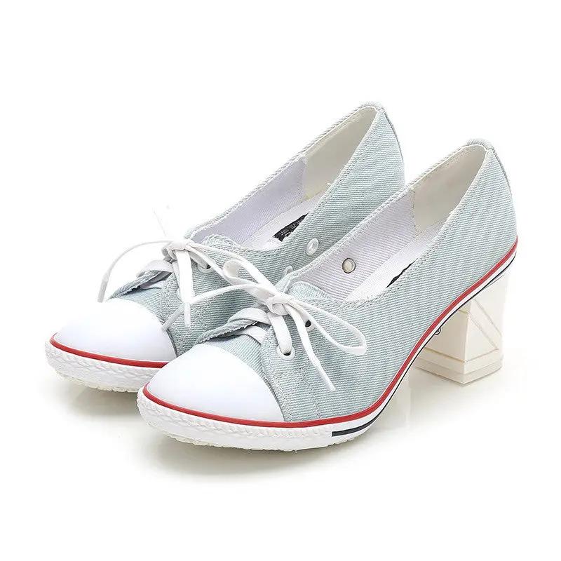SeoulLift™ women’s Korean canvas high-sole sneakers by AdTec, light blue denim, pair, lace-up with white toe caps