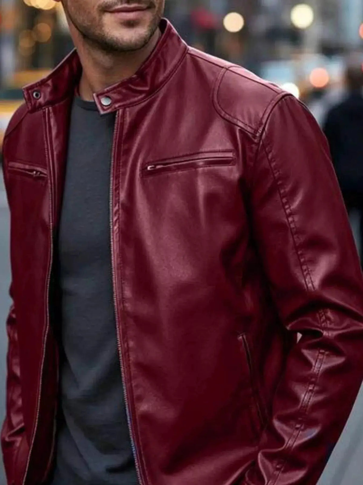 Men's burgundy faux leather bomber jacket with a zippered chest pocket, plus size