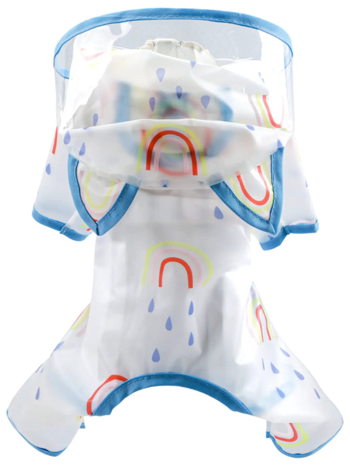 Lightweight Waterproof Pet Raincoat by Trendsi, white with rainbow print and blue trim
