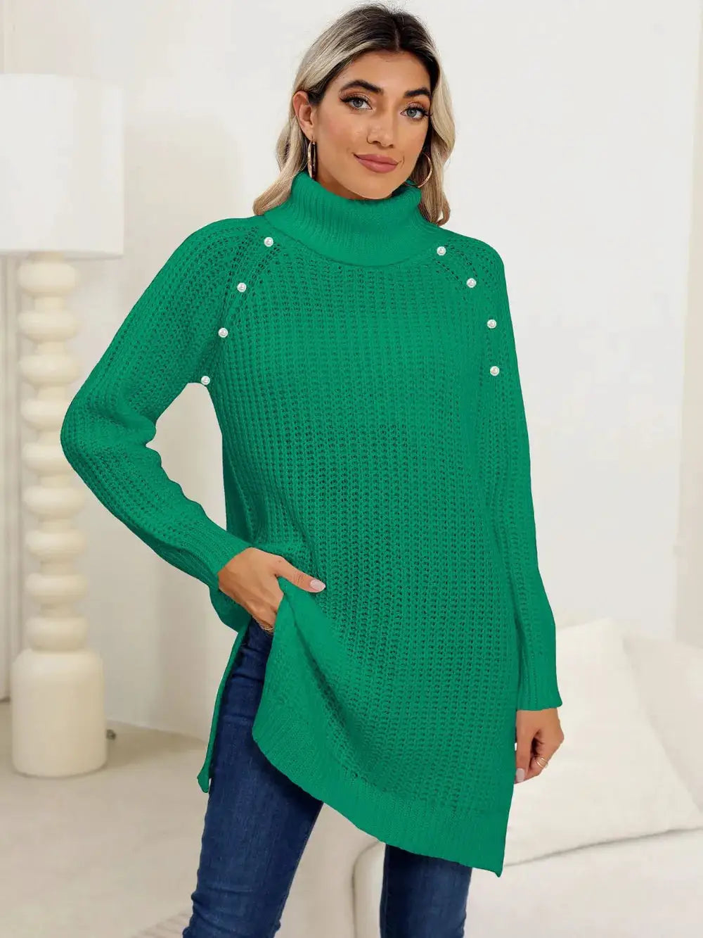 Womens slit turtleneck long sleeve stretchy knit pullover sweater in emerald green with pearl button accents
