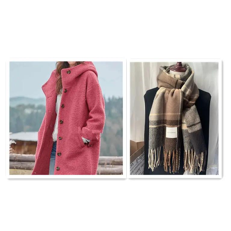 Womens heavy pink tweed winter coat and brown plaid scarf set; two-item outerwear display.