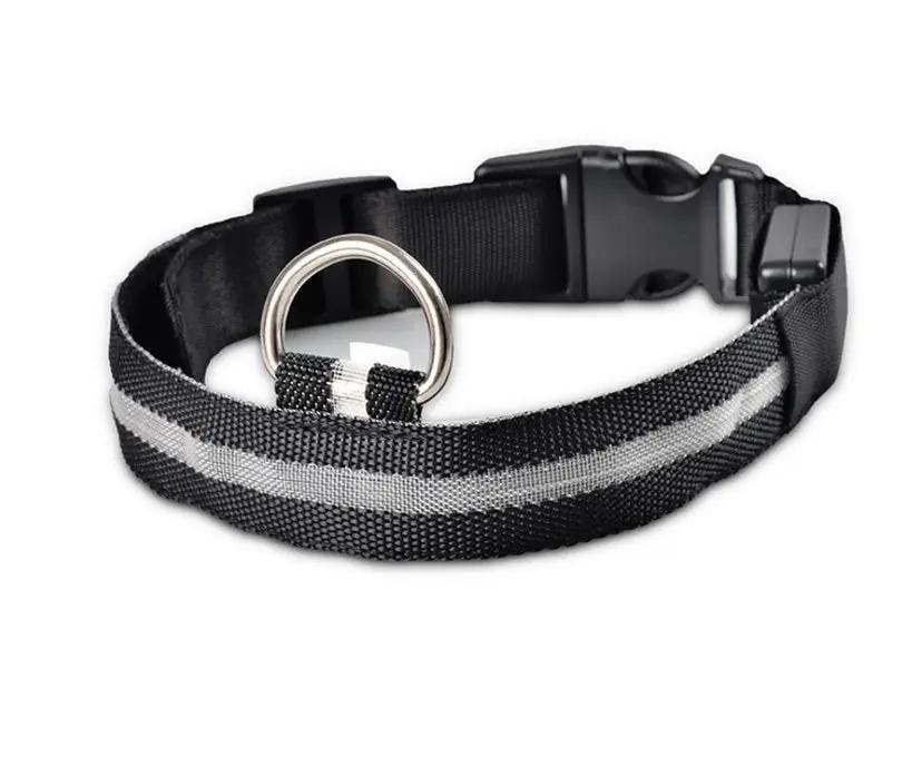 AdTec nylon LED pet collar, black with reflective silver stripe, adjustable with metal D-ring