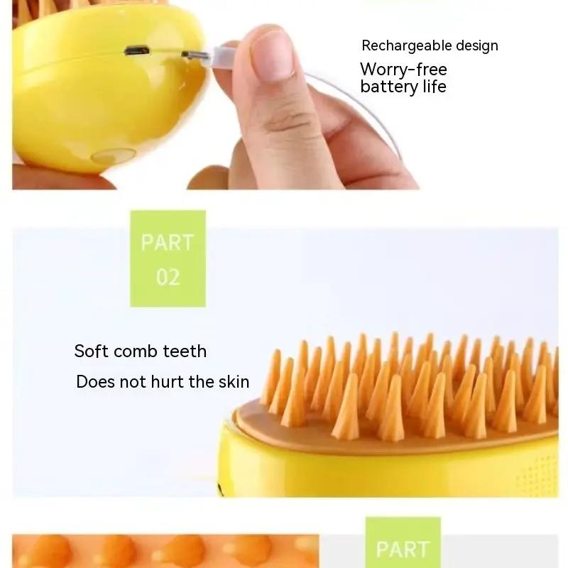 3-In-1 Cat Steam Brush yellow rechargeable pet grooming tool with soft teeth for massage and hair removal