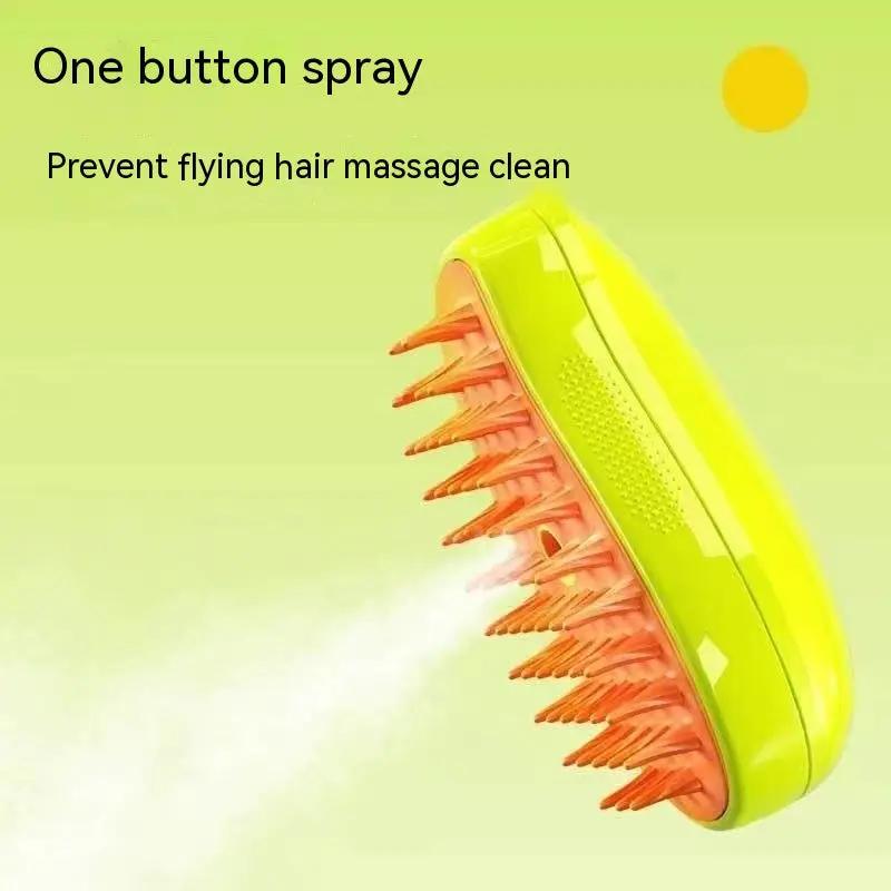Pet grooming brush lime green with orange bristles and spray feature