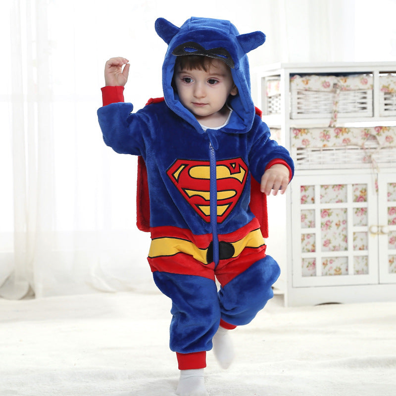 Baby animal jumpsuit; blue toddler clothing with red cape and yellow Superman emblem.
