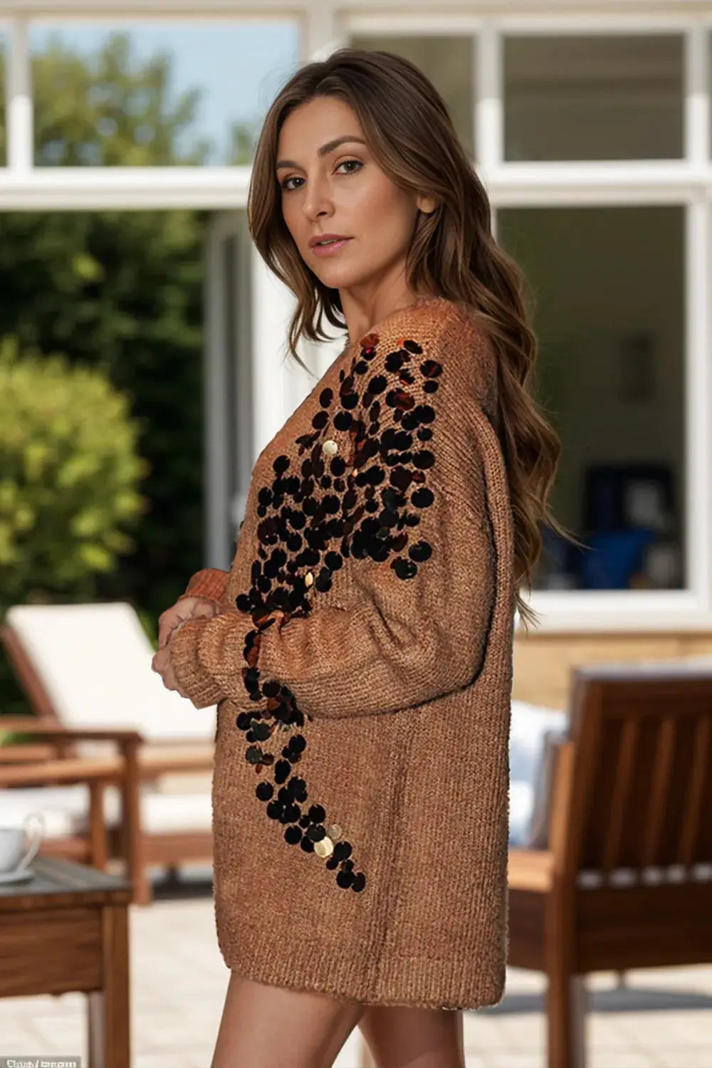 long sleeve sequin round-neck sweater in tan knit with black and gold sequins