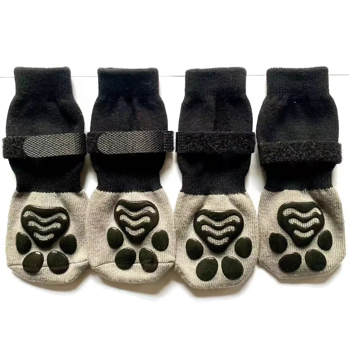 AdTec pet paw sock shoes; four black ankle socks with gray paw-print soles and Velcro straps, non-slip waterproof.