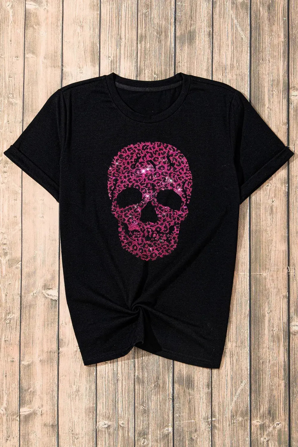 Rhinestone Skull Graphic Crew Neck T-Shirt in black by Trendsi