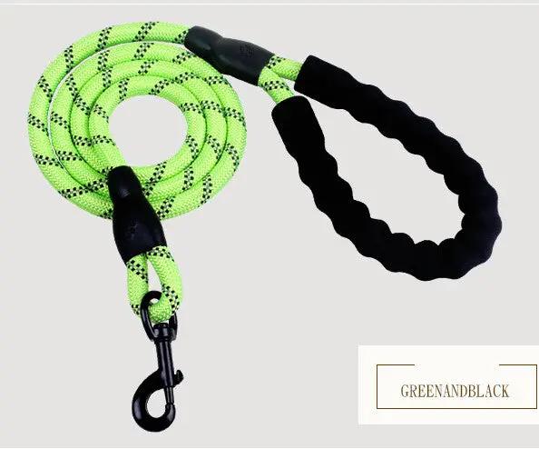 Reflective nylon dog leash by AdTec in neon green with black foam handle, for walking and training.