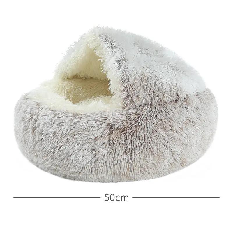 Cat bed with crystal velvet faux fur, warm round design in cream-gray, 50 cm diameter.
