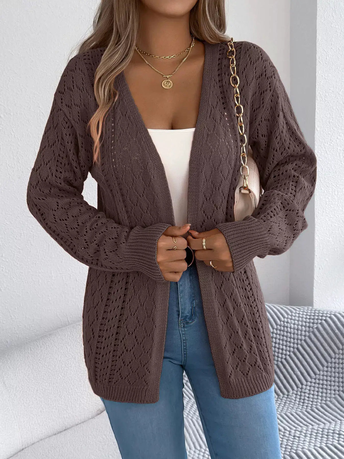 Trendsi openwork long-sleeve cardigan in taupe knit, open front.