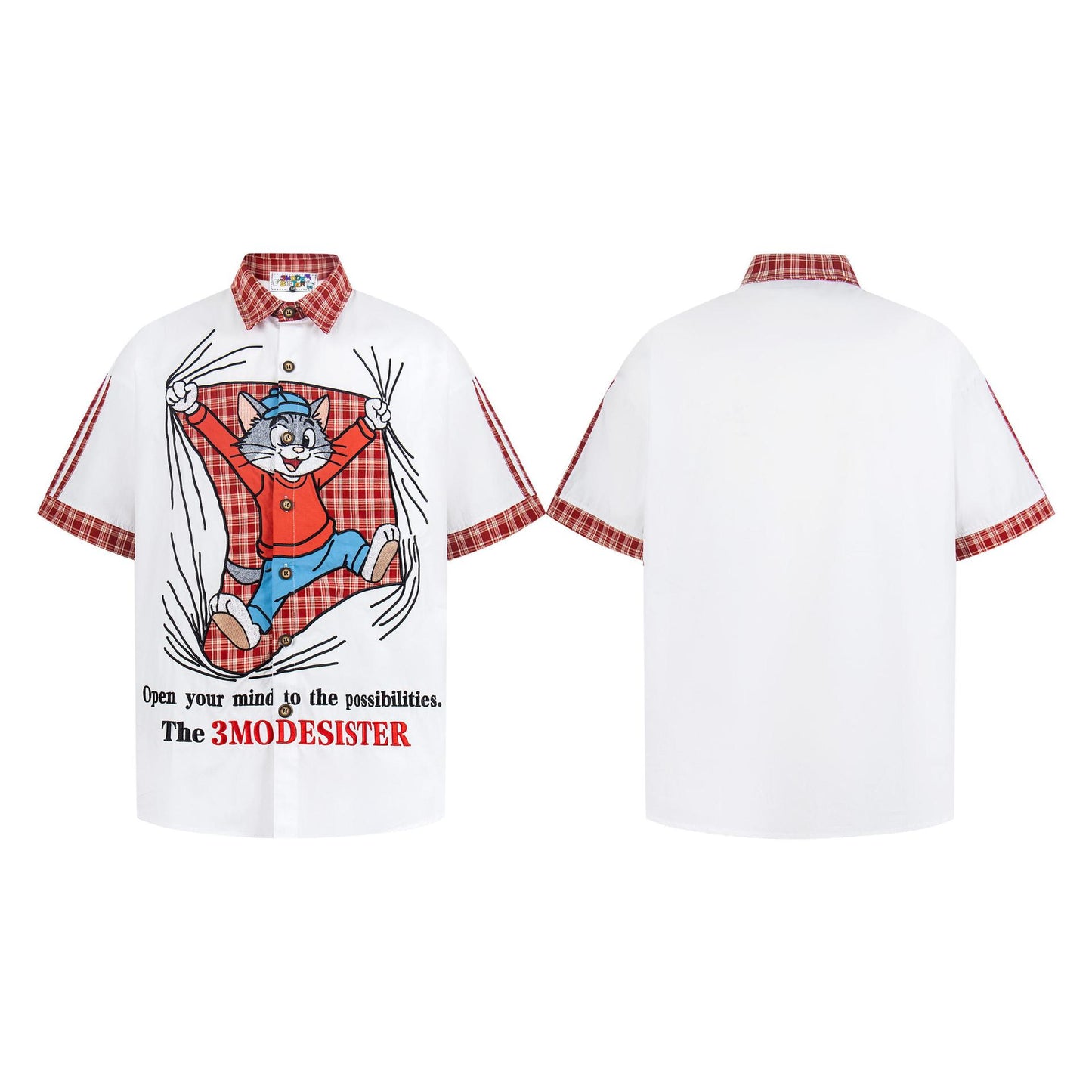 Cat Embroidered Checkered Shirt