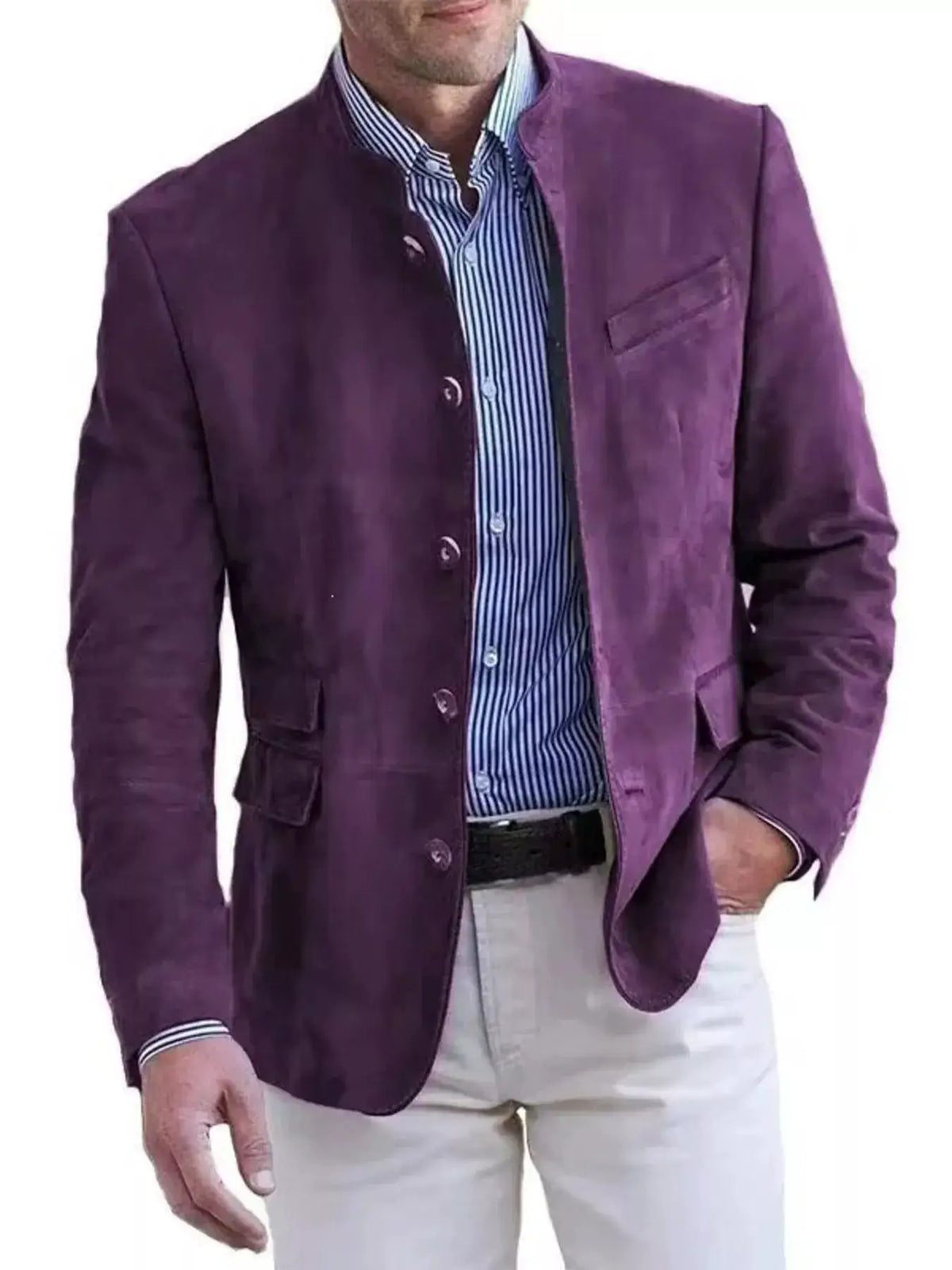 Men's plus-size purple button-front blazer by Trendsi, worn over a blue striped shirt