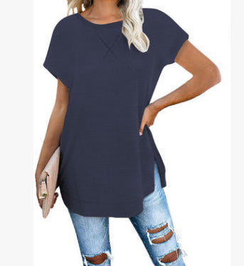 Women's solid color round neck drop shoulder top