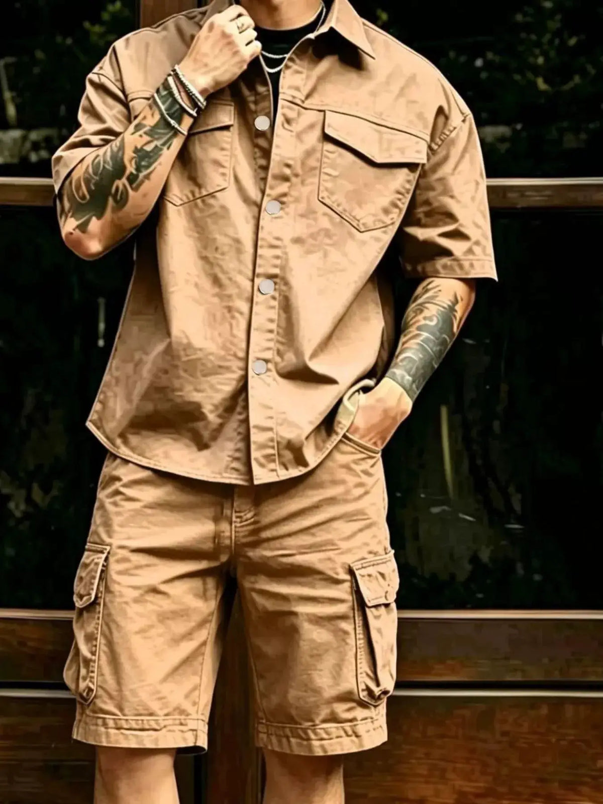 Trendsi men's plus-size cargo shirt and shorts set in tan khaki, button-front closure with pockets