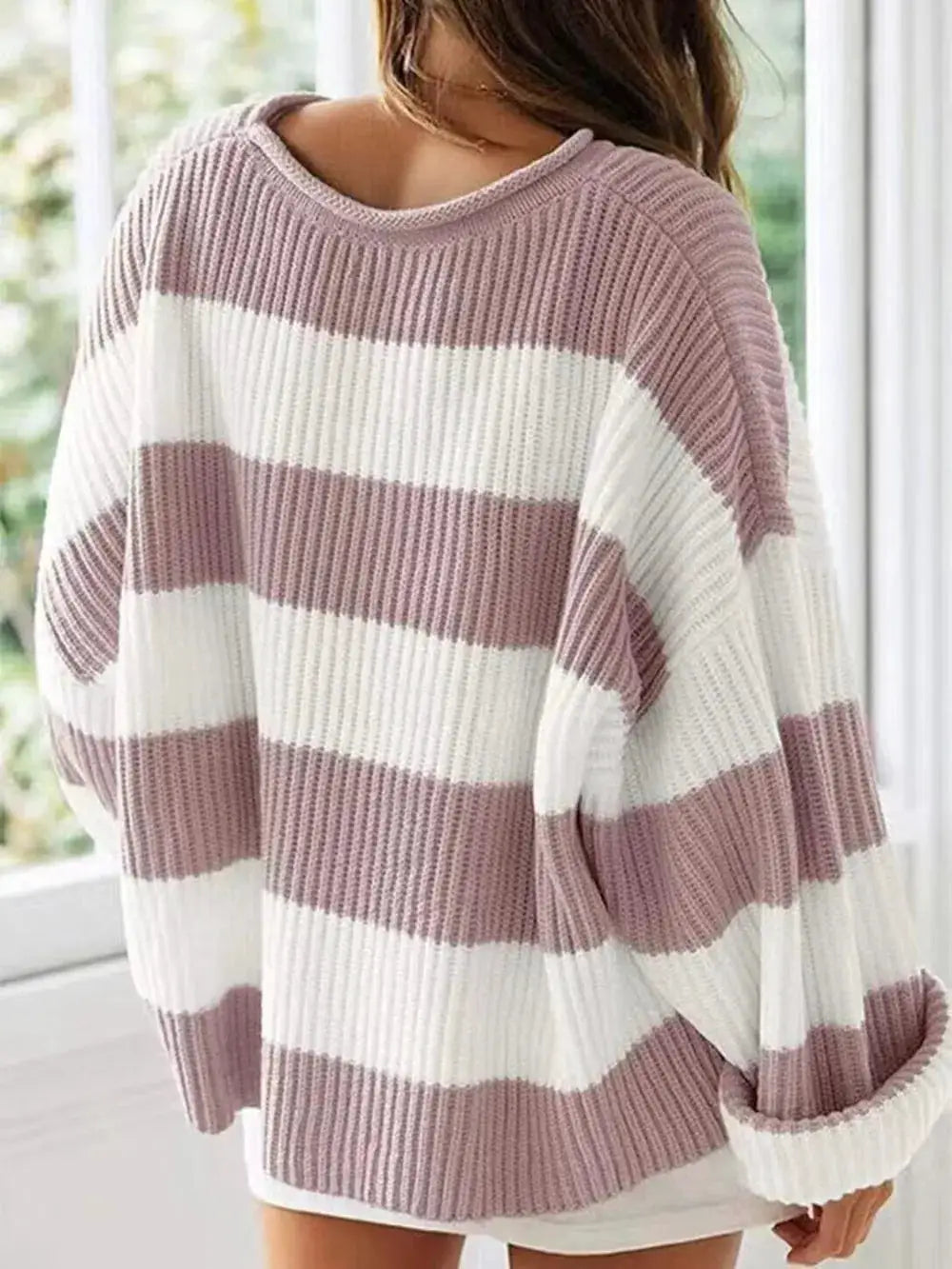 Essential striped knit sweater in dusty pink and white, oversized long sleeves
